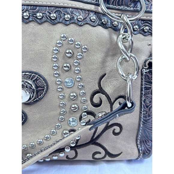 Fleur De Lis Rhinestone Leather Purse Embossed Tan Brown Shoulder Bag Western - Picture 3 of 16